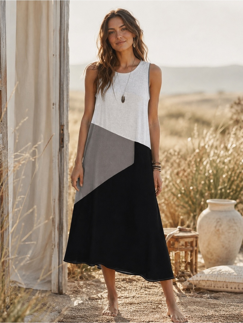 Linen Euro Colorblock Pocketed Midi Dress